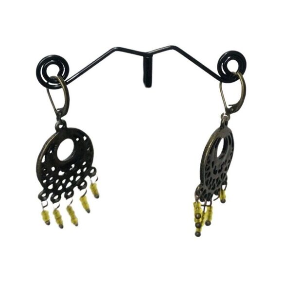 Vintage Yellow Seed Bead Copper Tone Drop Dangle Pierced Chandelier Earrings - Picture 6 of 8
